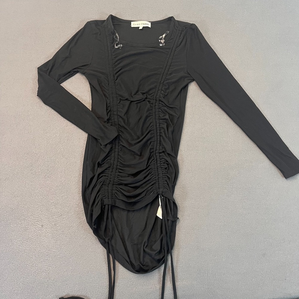 Almost Famous‎ Womens Med Bodycon Dress LS Black Drawstrings Adjustable Cinched
